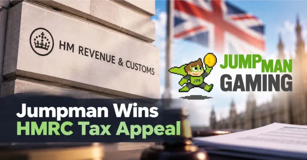 Jumpman Gaming wins its HMRC tax appeal, with the graphic featuring HM Revenue & Customs branding and the Jumpman Gaming logo against a UK backdrop.