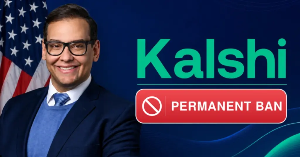 George Santos standing in front of a US flag beside the Kalshi logo on a dark blue background.