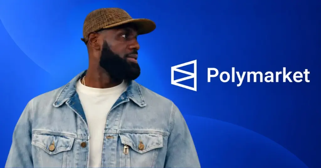 LeBron James pictured beside the Polymarket logo on a blue background