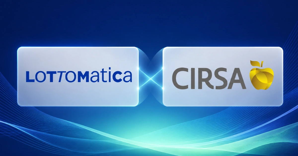 Lottomatica and CIRSA logos connected on a blue and mint background representing their proposed all share merger.