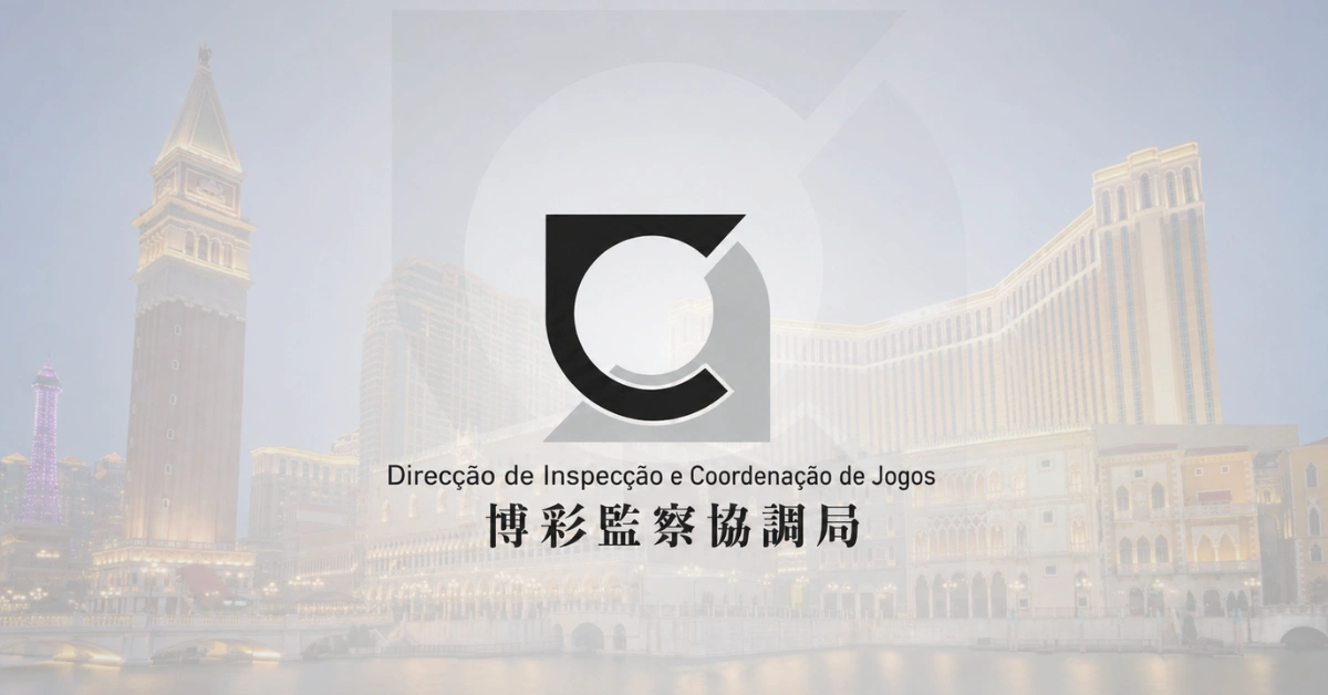 Macau Gaming Inspection and Coordination Bureau logo displayed over a faded cityscape of Macau’s casino district.
