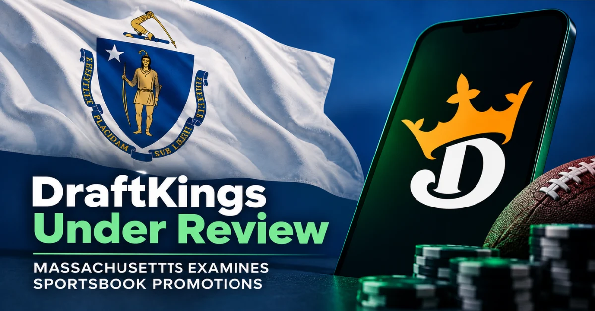 Massachusetts state flag beside a DraftKings logo display with the headline DraftKings Under Review and the subheadline Massachusetts Examines Sportsbook Promotions.