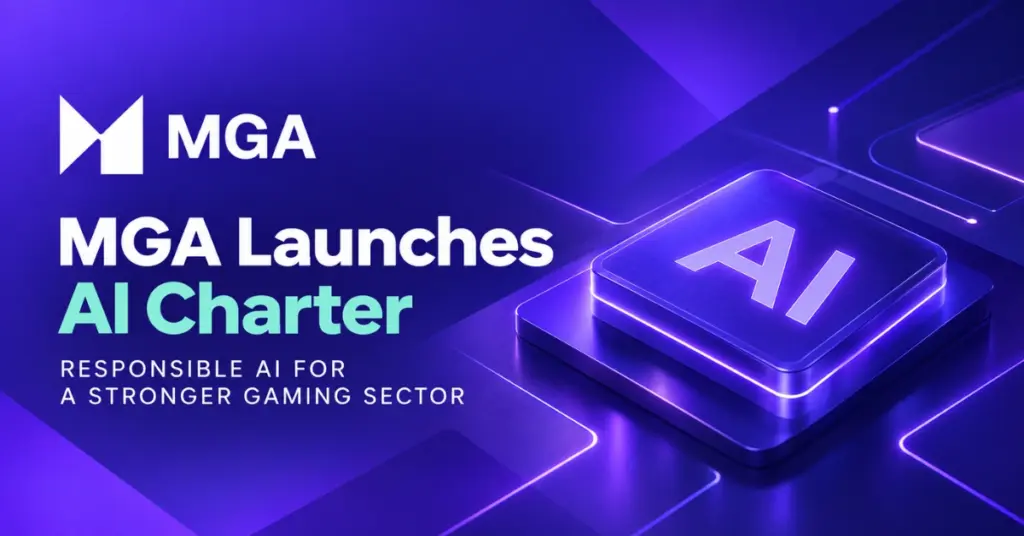 MGA AI Gaming Charter graphic featuring the Malta Gaming Authority logo and a glowing AI chip on a purple technology background.