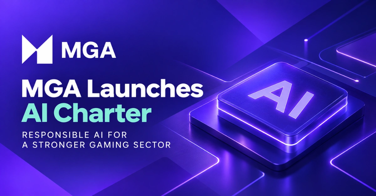 MGA AI Gaming Charter graphic featuring the Malta Gaming Authority logo and a glowing AI chip on a purple technology background.
