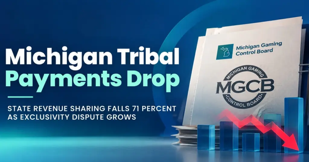 Michigan Gaming Control Board branding alongside a declining payment chart illustrating a 71 percent drop in state revenue sharing amid a tribal gaming exclusivity dispute.