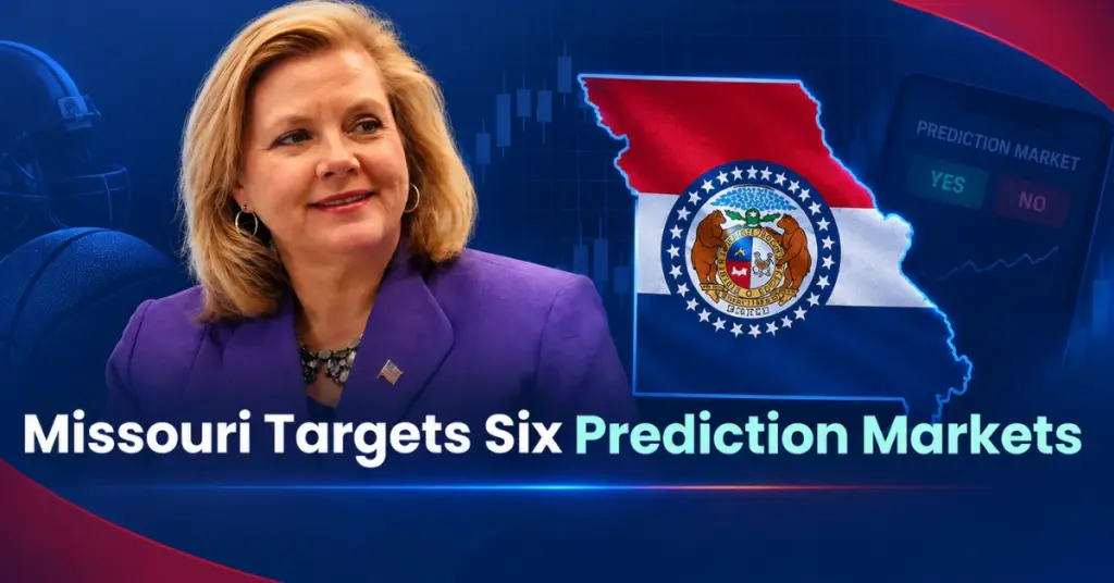Missouri Attorney General Catherine Hanaway pictured alongside the Missouri state outline in a graphic about state action against six prediction markets.