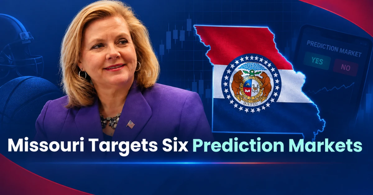 Missouri Attorney General Catherine Hanaway pictured alongside the Missouri state outline in a graphic about state action against six prediction markets.