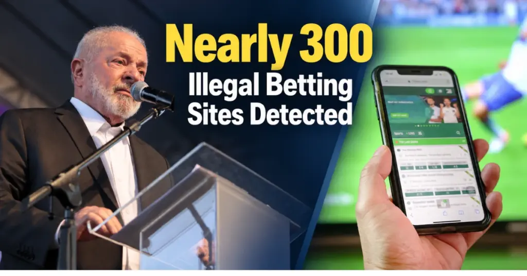 Brazilian President Luiz Inácio Lula da Silva speaks at a podium beside a smartphone displaying an online betting platform, with the headline “Nearly 300 Illegal Betting Sites Detected.”