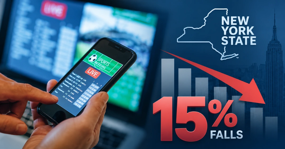 New York sports betting graphic showing a 15% decline in August handle with a betting app, falling chart and New York State outline.
