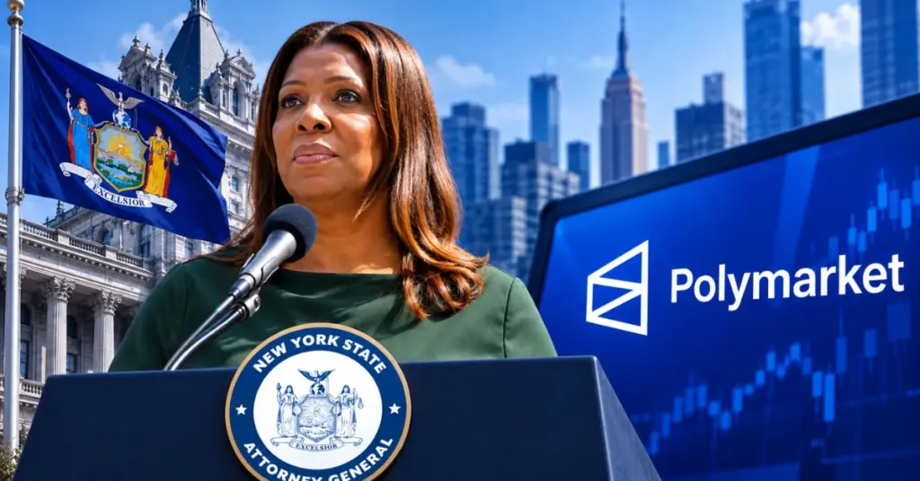 New York Attorney General Letitia James stands at a podium beside the New York State flag, with a Polymarket display and New York skyline in the background.