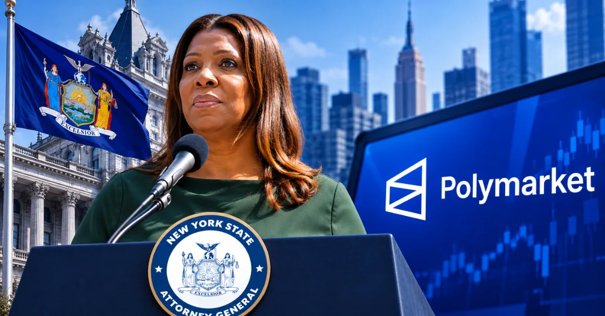 New York Attorney General Letitia James stands at a podium beside the New York State flag, with a Polymarket display and New York skyline in the background.