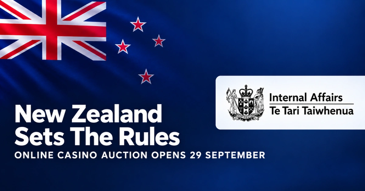 New Zealand flag and Department of Internal Affairs logo announcing the online casino auction opening on 29 September