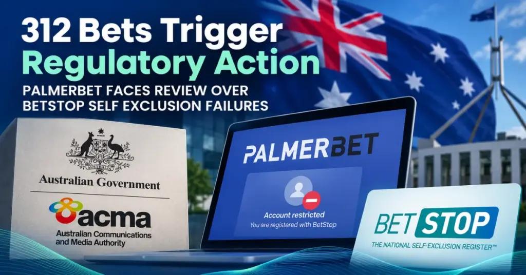 Palmerbet, BetStop and ACMA logos with an Australian flag and text highlighting regulatory action over 312 bets linked to self exclusion failures.