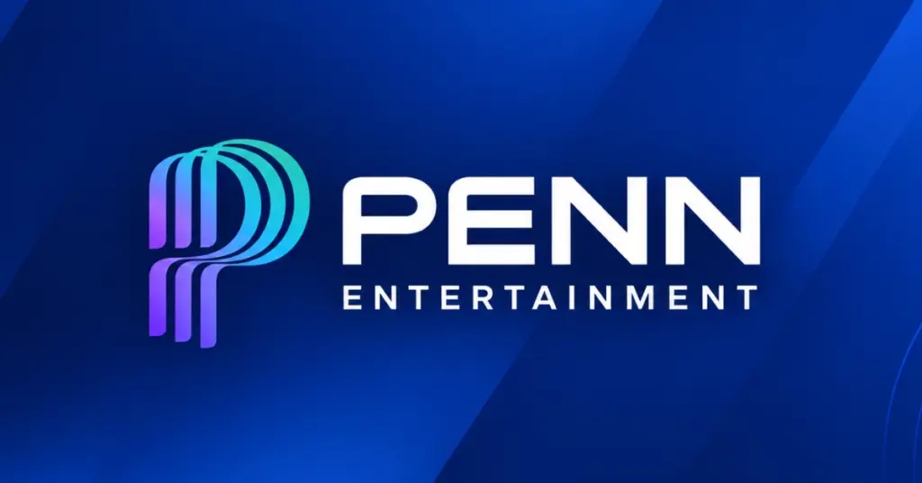PENN Entertainment logo displayed on a dark blue gradient background with subtle geometric patterns.