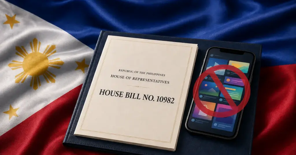 Philippine House Bill 10982 beside a smartphone displaying a ban on online gambling advertisements