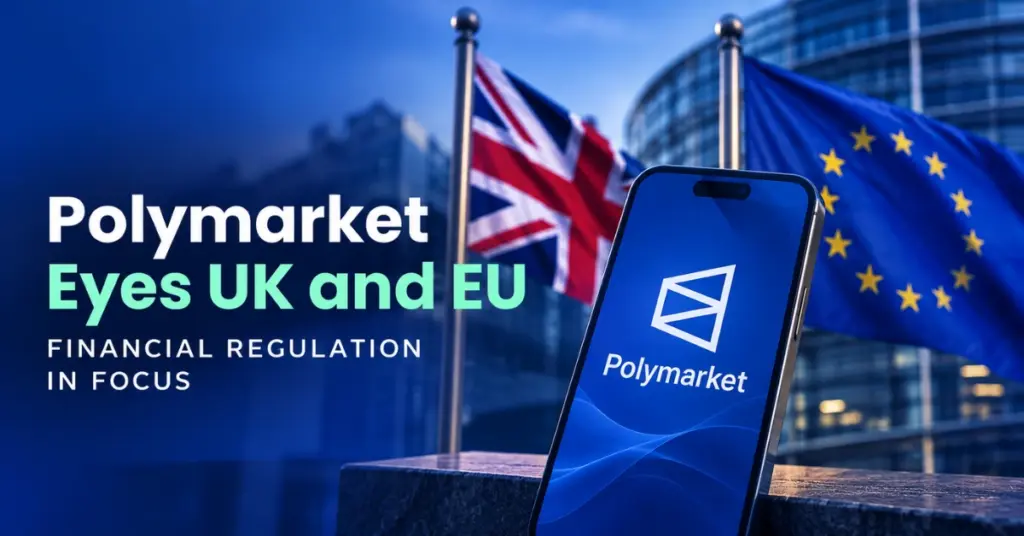 Polymarket smartphone graphic with UK and EU flags highlighting the company’s push for financial regulation in European markets.