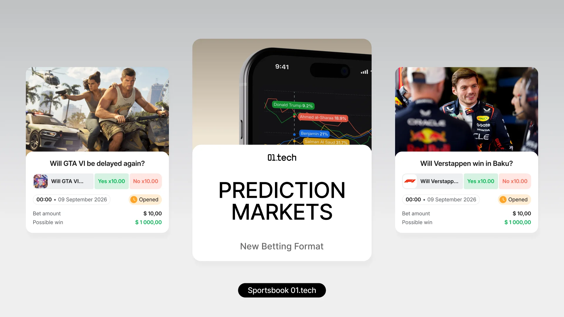 01.tech Prediction Markets interface showing sample markets on a GTA VI delay and Max Verstappen winning in Baku.