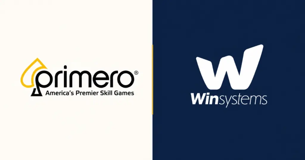 Primero Games and Win Systems logos displayed side by side on a split white and navy background.