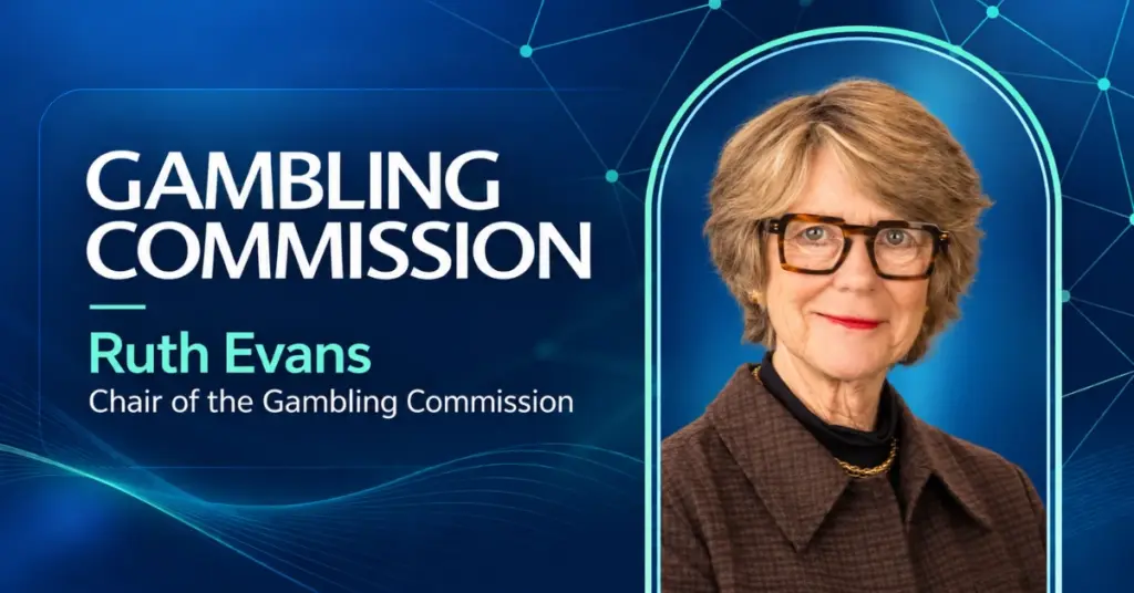 Ruth Evans beside the Gambling Commission name on a blue and mint corporate background