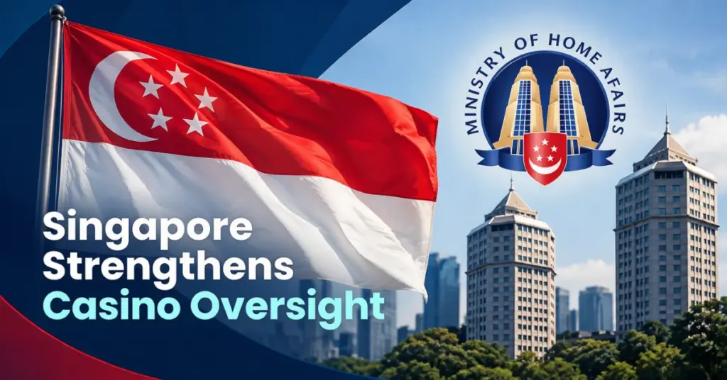 Singapore flag, Ministry of Home Affairs emblem and government buildings featured in a graphic about strengthened casino oversight and regulatory powers.