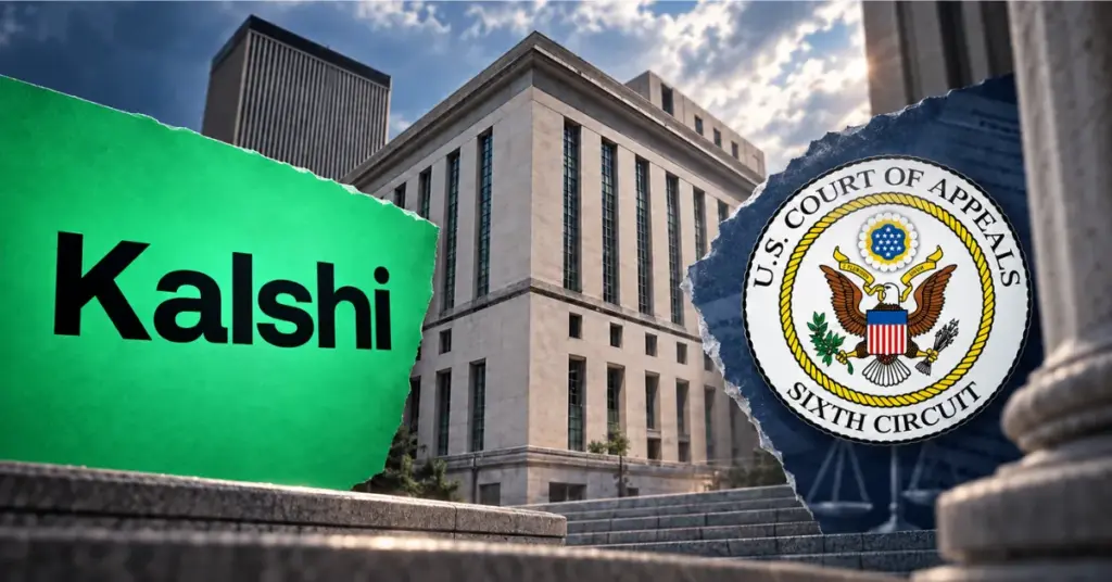 Kalshi logo beside the Sixth Circuit seal and a US federal courthouse following a state gambling law ruling