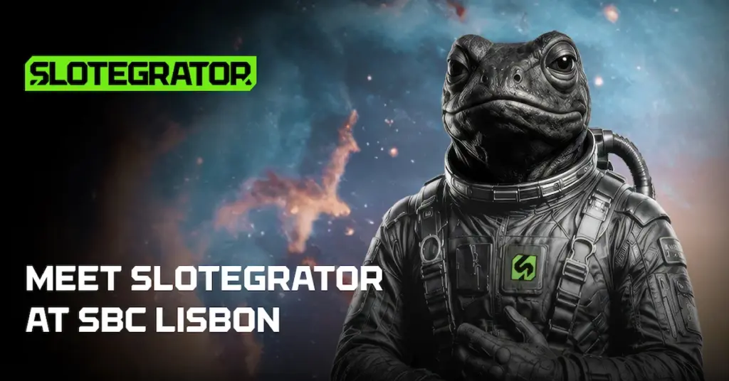 Slotegrator astronaut mascot promoting the company’s appearance at SBC Summit Lisbon.