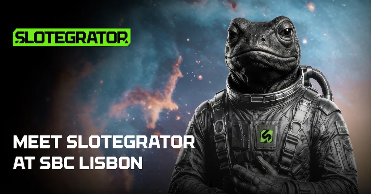 Slotegrator astronaut mascot promoting the company’s appearance at SBC Summit Lisbon.