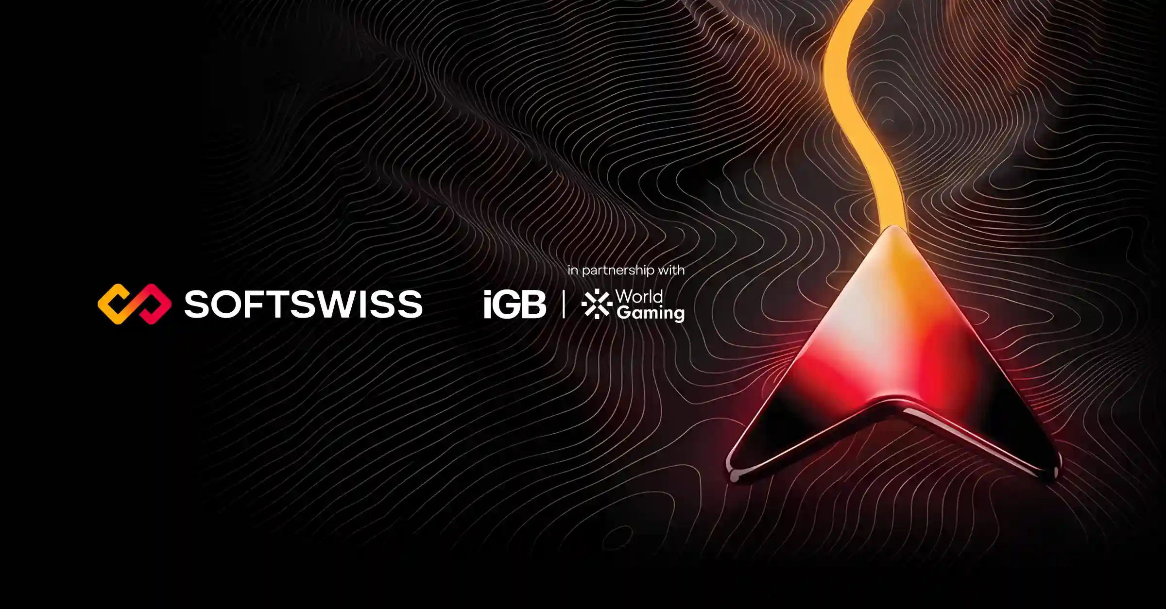SOFTSWISS, iGB and WorldGaming logos beside a red arrow on a black contour-map background.