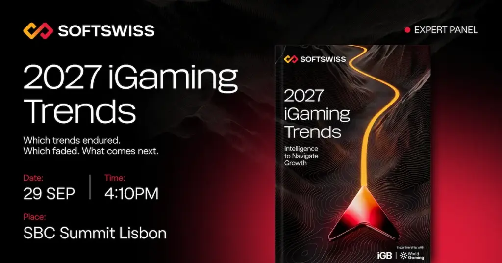 SOFTSWISS graphic announcing its 2027 iGaming Trends panel at SBC Summit Lisbon on 29 September at 4:10 p.m., beside the report cover.