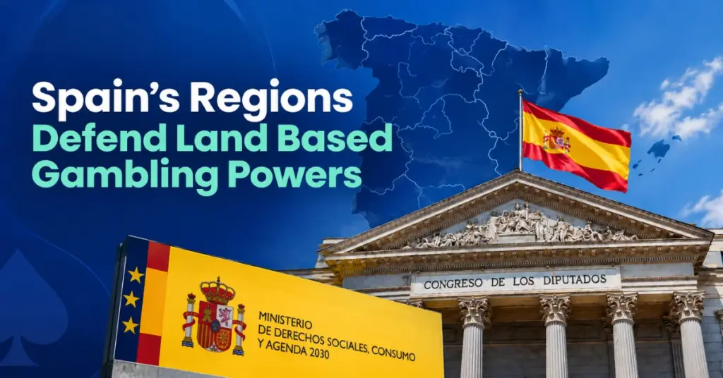 Ace Alliance graphic showing Spain’s regional map, the Spanish flag, the Congress of Deputies and a government ministry sign, with the headline Spain’s Regions Defend Land Based Gambling Powers.