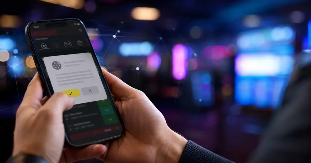 Person using an online gambling website on a smartphone with a cookie consent banner and data-tracking connections visible on screen