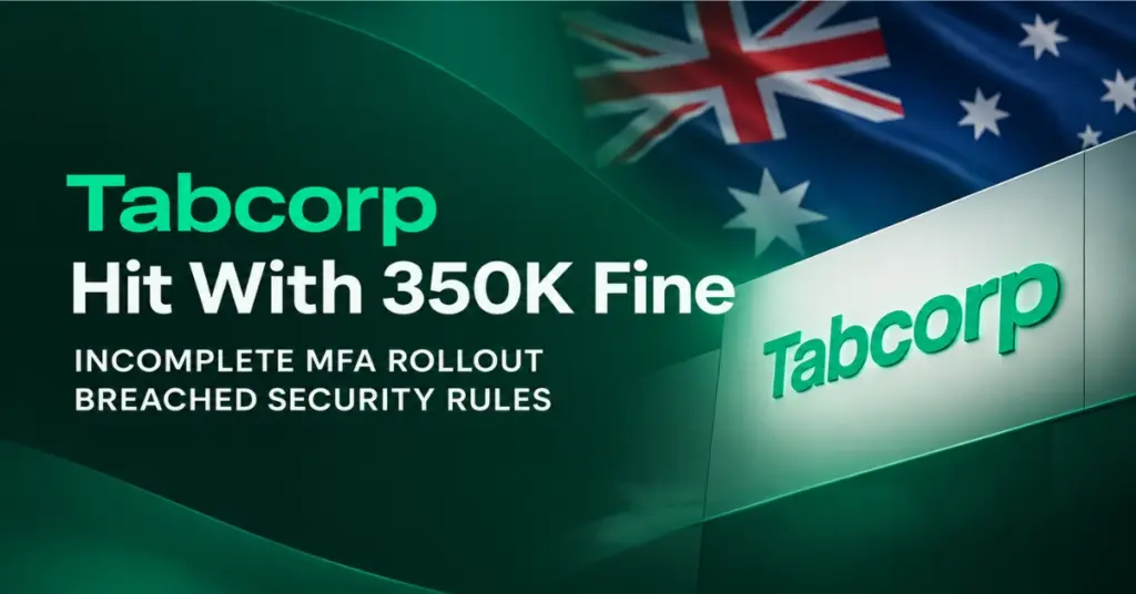 Tabcorp news graphic reading Hit With 350K Fine with the subheadline Incomplete MFA Rollout Breached Security Rules alongside the Australian flag and Tabcorp branding.