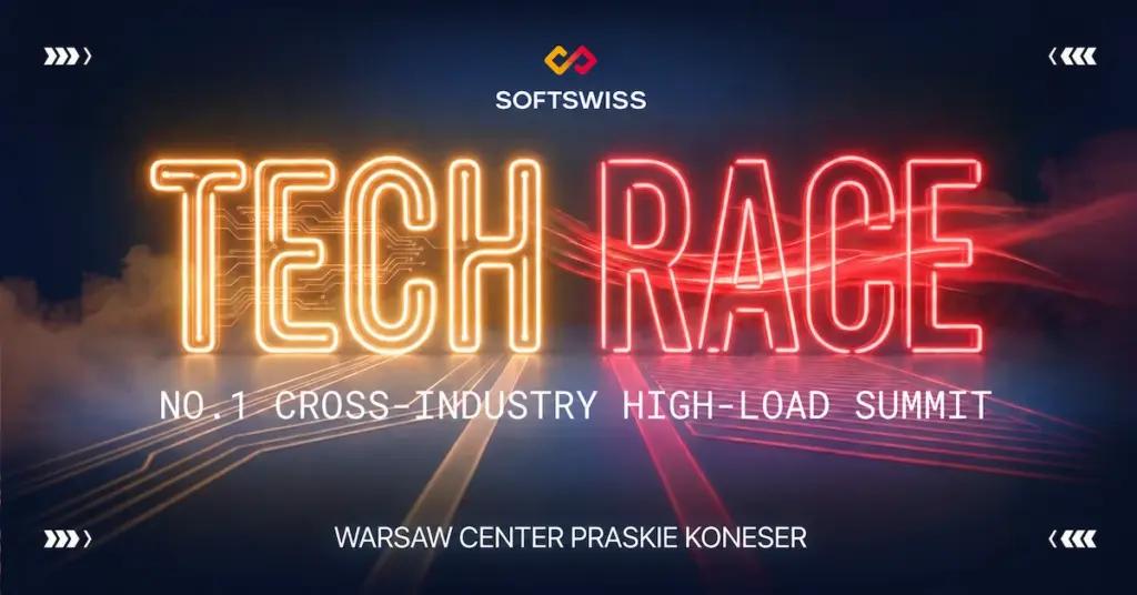 SOFTSWISS Tech Race graphic featuring neon lettering and the Warsaw Center Praskie Koneser venue.