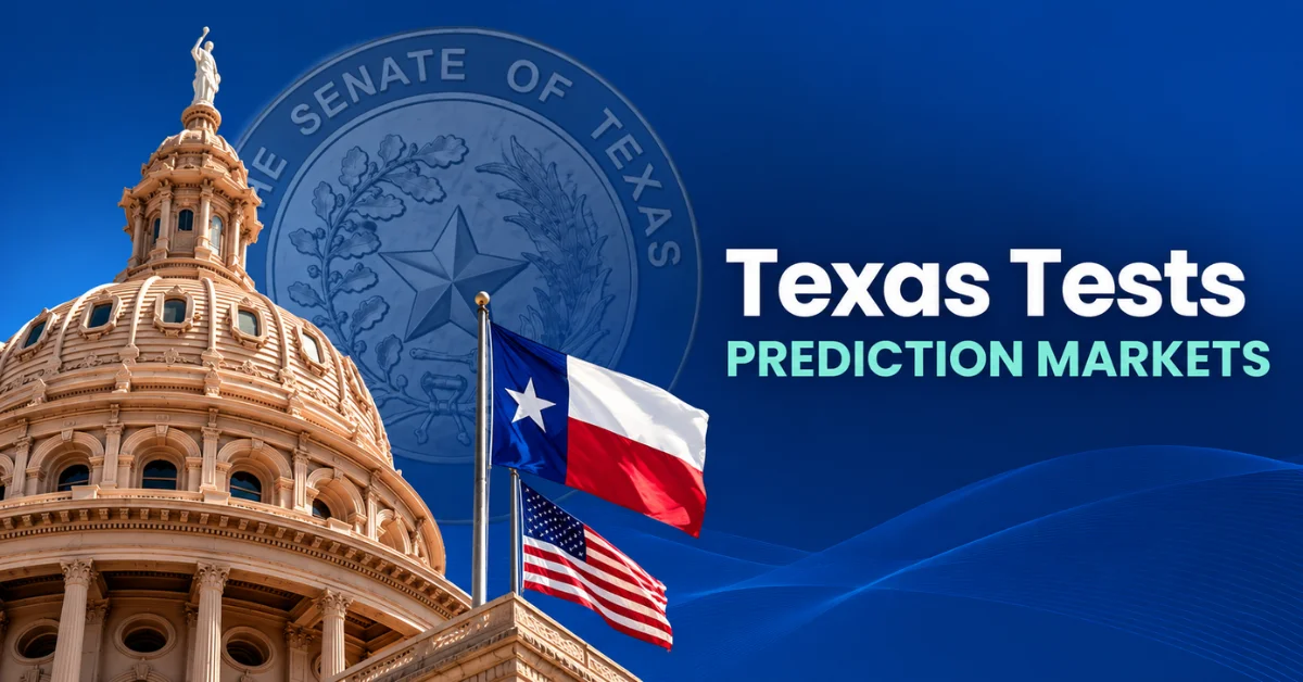 Texas State Capitol with Texas and US flags, a faded Texas Senate seal, and the headline “Texas Tests Prediction Markets” on a blue background.