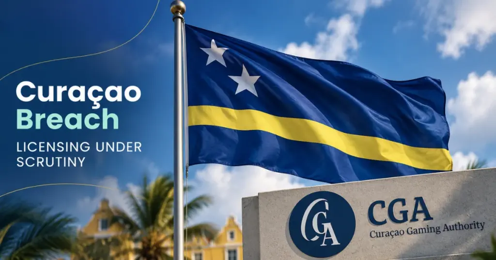 Curaçao flag and Curaçao Gaming Authority branding featured in an Ace Alliance graphic highlighting licensing scrutiny following the portal breach.