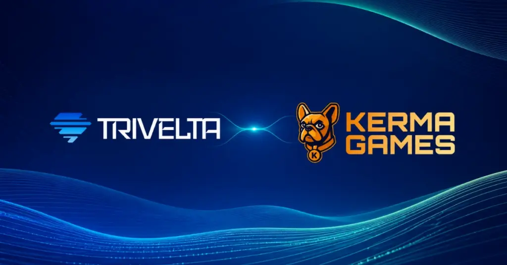 Trivelta and Kerma Games logos displayed side by side on an Ace Alliance blue and mint digital wave background.