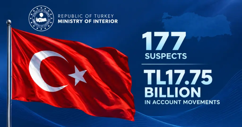 Turkish flag beside the Republic of Turkey Ministry of Interior logo, highlighting 177 suspects and TL17.75 billion in account movements linked to an illegal betting investigation.