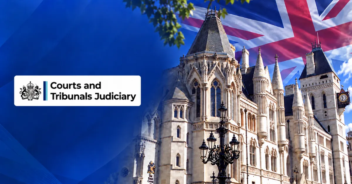 UK Courts and Tribunals Judiciary logo beside the Royal Courts of Justice building with a Union Jack backdrop in Ace Alliance colours