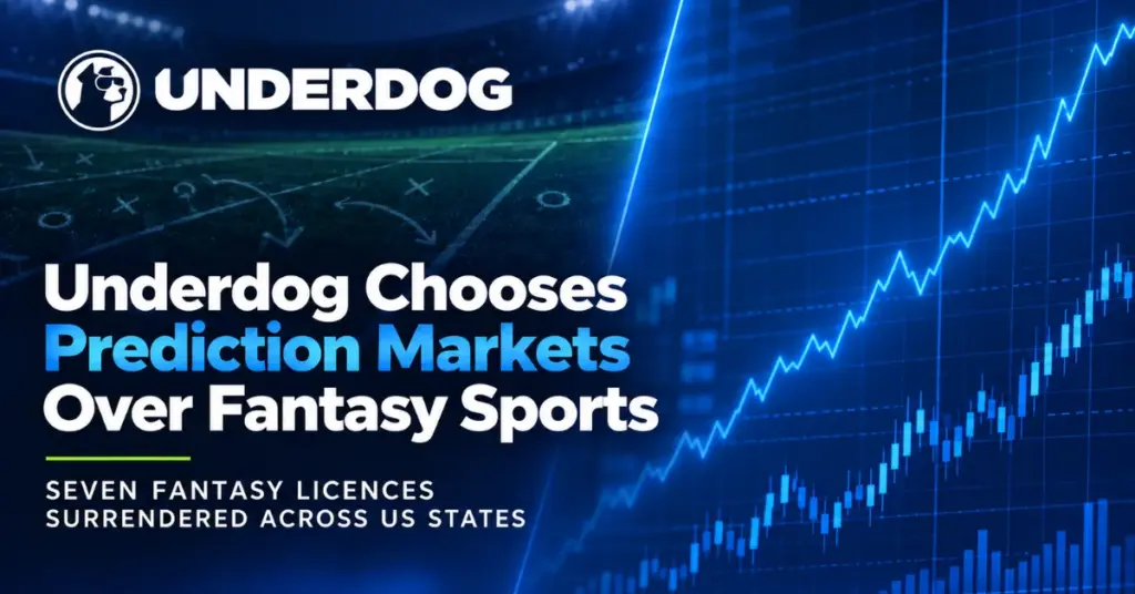 The Underdog logo in an editorial graphic about the company choosing prediction markets over fantasy sports in seven US states