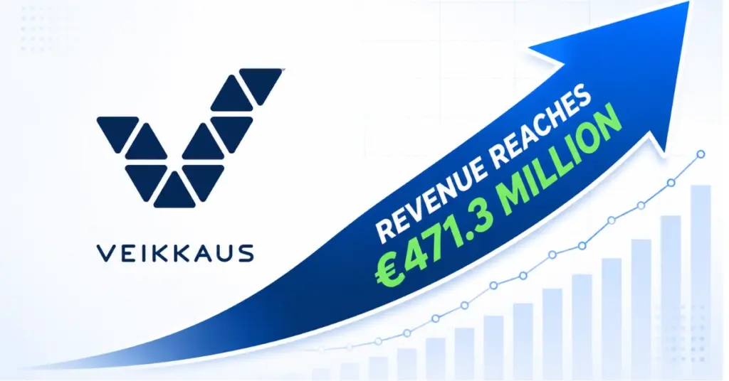 Veikkaus logo beside an upward arrow showing revenue reaching €471.3 million