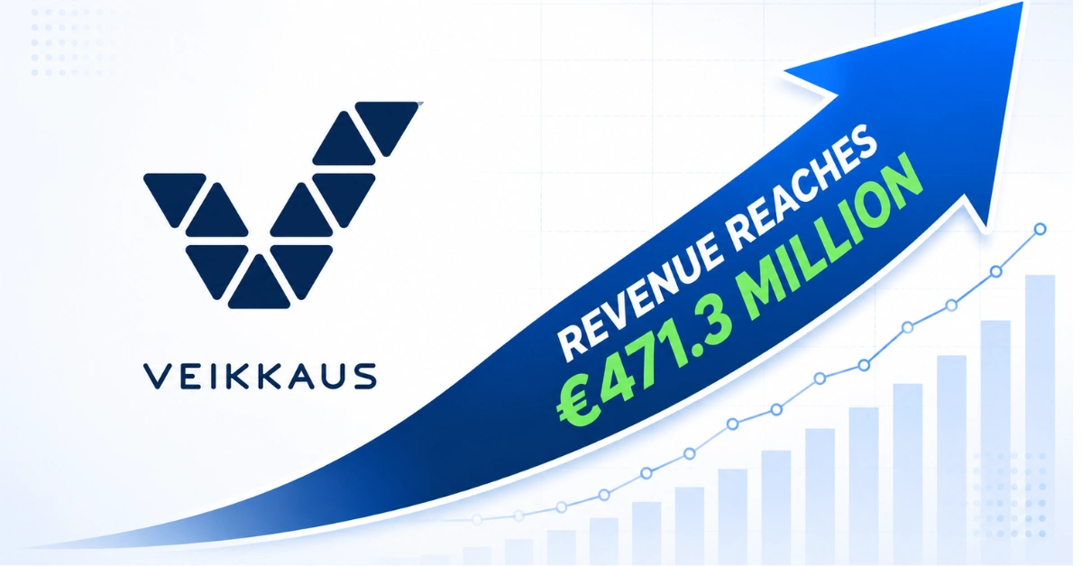 Veikkaus logo beside an upward arrow showing revenue reaching €471.3 million