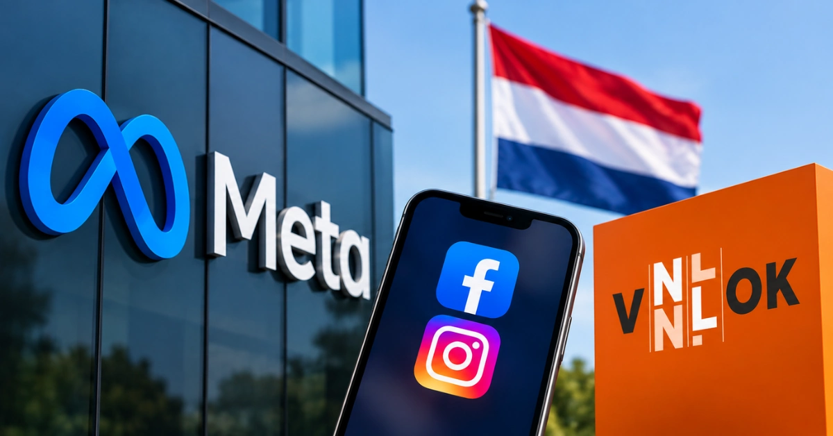 Meta and VNLOK logos displayed alongside Facebook and Instagram icons with a Dutch flag in the background.