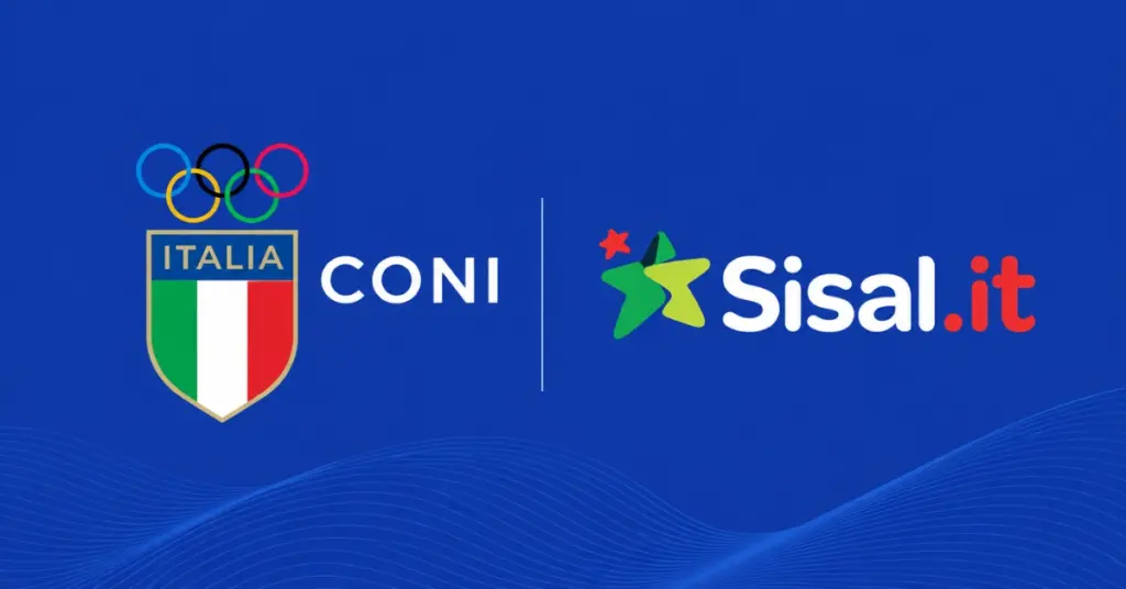 CONI and Sisal.it logos displayed side by side on an Ace Alliance blue background, highlighting their partnership for the Win for Italia Team lottery.
