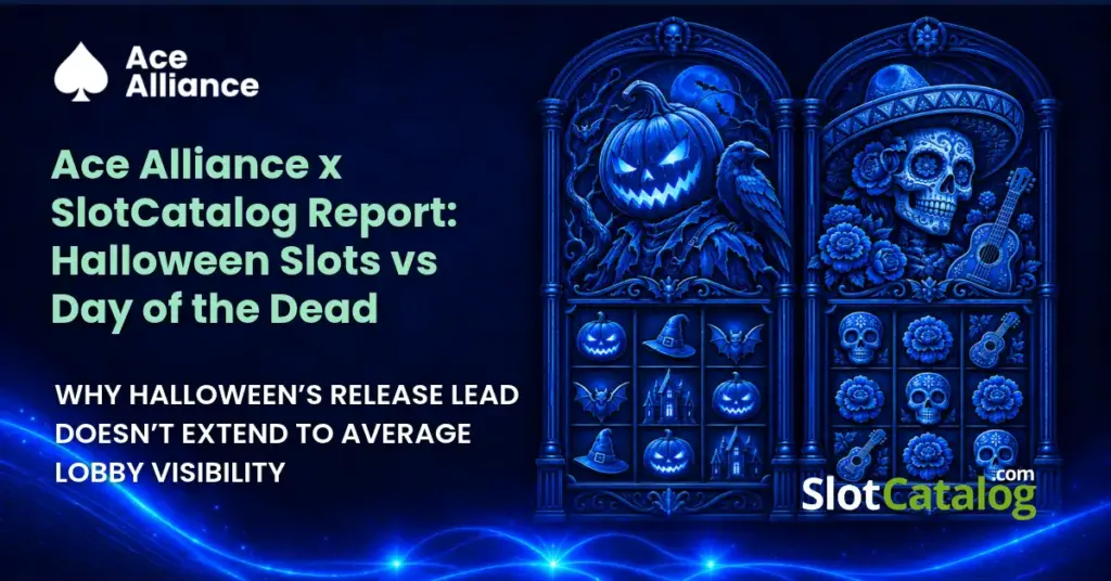 Blue Halloween and Day of the Dead slot panels on the right, with glowing waves below and space for text on the left.