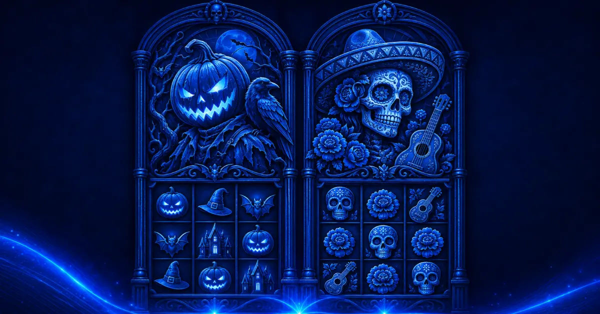 Blue carved panels depicting a pumpkin-headed Halloween figure and a Day of the Dead sugar skull above slot symbols, with glowing waves along the bottom.