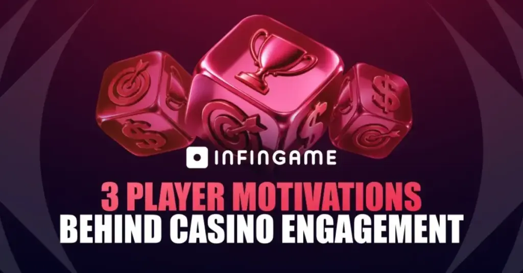 Pink cubes with trophy, target and dollar symbols above Infingame’s headline about three casino player motivations.