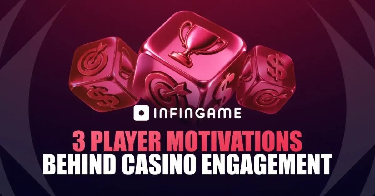 Pink cubes with trophy, target and dollar symbols above Infingame’s headline about three casino player motivations.