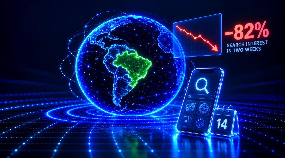 Neon globe highlighting Brazil beside a search smartphone, falling chart and 14-day calendar. 