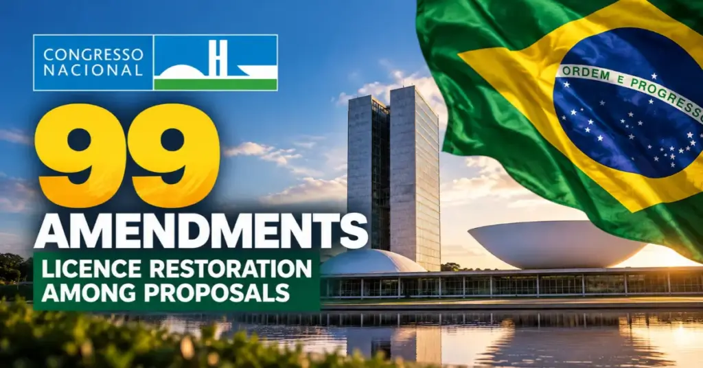 Brazilian Congress logo and flag with proposals to restore gambling licences among 99 amendments.