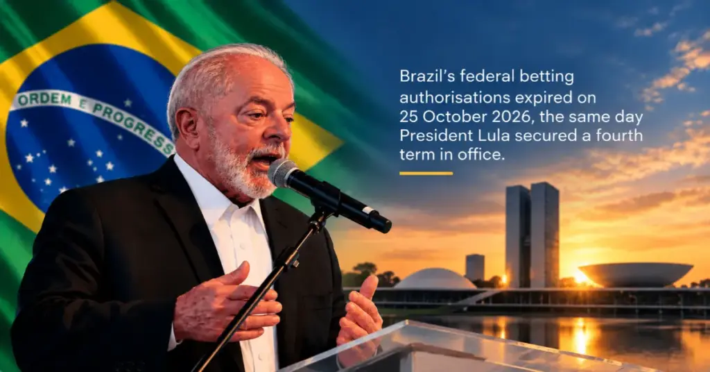 Brazil's President Lula with the national flag and Brasília skyline amid betting restrictions.